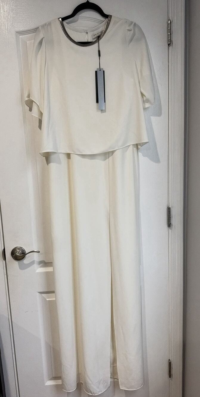 NWT Halston Ivory Gown Dress Overlay Cape Mettalic Neck Trim High Slit US10 $475